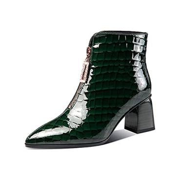 Imagem de TinaCus Bota feminina de couro envernizado feita à mão bico fino salto grosso elegante zíper frontal plus size, Verde, 7.5