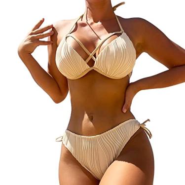 Imagem de Conjunto de biquíni sexy feminino, roupa de banho atrevida, biquíni com cordão grande, push up, cintura alta, biquíni de praia, Bege, P