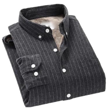 Imagem de Aoleaky Camisa masculina quente de inverno lixamento algodão forro de lã flanela listrada grossa, Cinza escuro 9, XXG