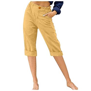 Imagem de Calça de linho feminina outono verão ajuste solto perna reta calça básica feminina 2024, U-091 Amarelo Mostarda, M