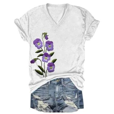 Imagem de Camisetas femininas de conscientização de Alzheimer 2024 roxo floral gráfico tops verão gola V manga curta blusas casuais soltas, Branco, M
