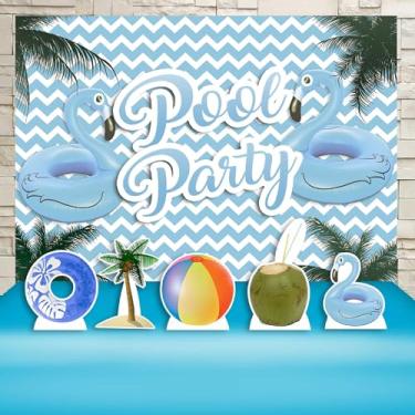 Imagem de Kit Decoração Festa de Aniversário Infantil Painel + Displays Pool Party Azul Menino Festa Na Piscina
