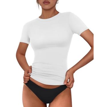 Imagem de Trendy Queen Short feminino de verão com manga e gola canoa cropped slim fit stretch camisetas básicas de compressão, Branco, G