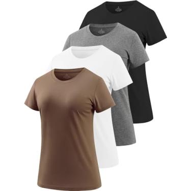 Imagem de Cosy Pyro Pacote com 4 camisetas femininas de manga curta de algodão com gola redonda macia e sólida, Preto/cinza/branco/café, G