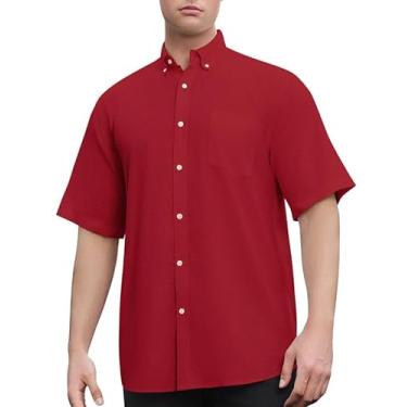 Imagem de Sedyrak Camisa de manga curta masculina de linho de algodão com ajuste regular casual com botão e bolso frontal, Vermelho vinho 374, GG