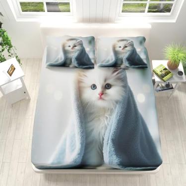 Imagem de Jogo de cama Queen branco com estampa de gatinho fofo de microfibra 40,6 cm com bolsos profundos, lençol de cima com 2 fronhas para meninas, meninos e crianças