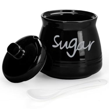 Imagem de Swetwiny Açucareiro de porcelana com tampa e colher, pote de armazenamento de açúcar de cerâmica de 355 ml, recipiente de açúcar para casa e cozinha (preto)