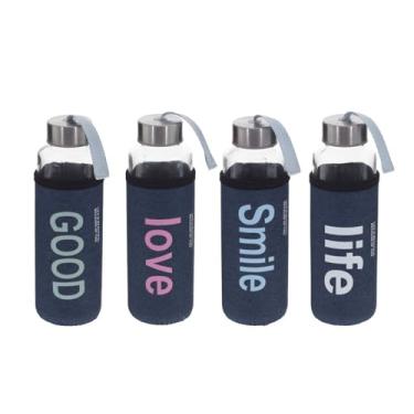 Imagem de 1 Squeeze Garrafa de Vidro c/Capa Academia 400ml Tampa de Inox Proteção Capa Frases Love Smile Good Life Esportes Musculação Ciclismo Fitness Agua Gelada Envio Aleatorio Resistente Alça