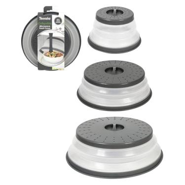 Imagem de Tovolo Capa contra respingos de microondas para alimentos, pacote com 3 (carvão) - Tampa protetora de respingos de silicone dobrável e ventilada - Placa de microondas e tampa de prato com alça -