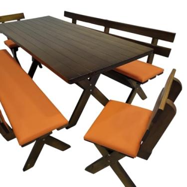 Imagem de Conjunto Mesa Madeira Maciça Para Churrasco Imbuia Com 4 Bancos Estofados - Laranja