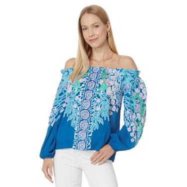 Imagem de Lilly Pulitzer Aimes de manga comprida feminina, Blusa de tecido Barton Blue Seacret Escape, P