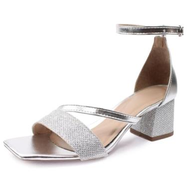 Imagem de Sandália Re&Ton Salto Grosso Baixo Brilho Confortável Feminina BL46 (Prata, BR, Adulto, Numérico, 38)