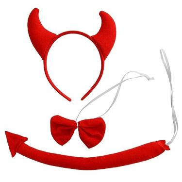 Imagem de Dzrige Conjunto de acessórios de fantasia de diabo vermelho com chifre de diabo, cauda e gravata borboleta, kit de fantasia para baile de máscaras, carnaval, festa de aniversário, cosplay, Vermelho,