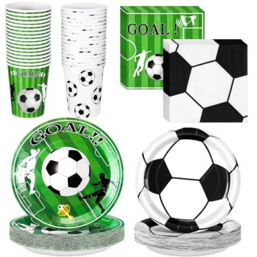 Imagem de Domensi 200 peças de artigos de festa de aniversário de futebol para 50 convidados, inclui prato de papel de futebol de 19 cm 24 cm, copos descartáveis e guardanapos de 255 g para conjunto de talheres