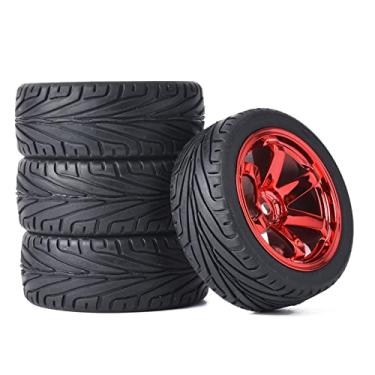 Imagem de WONFAST 4PCS RC Car Rubber Tires and Plastic Wheels Rims Compatible with 1/10 Scale On Road Touring Racing Flat Drift Car Traxxas HSP HPI Tamiya Sakura (Red)