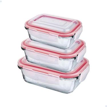 Imagem de Pote Vidro Hermético Retangular 370 a 1040ml Vedação Marmita 3 Unidade