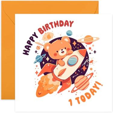 Imagem de Cartão de 1º aniversário para meninos e meninas - Universo de nave espacial de urso - Cartão de feliz aniversário para crianças crianças 1 ano de idade menino ou menina - presentes de primeiro