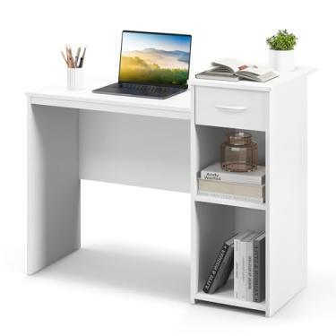 Imagem de Tangkula Mesa branca com gaveta, mesa de computador moderna com prateleira ajustável e orifício para cabo, mesa de estudo compacta, estação de trabalho de computador de madeira para casa ou