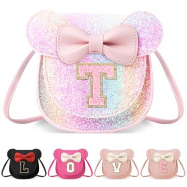 Imagem de izuzta Bolsa infantil para crianças 1 2 3 4 5 6 7 8 anos de idade bonito mouse orelha laço bolsa transversal presente de aniversário, Bolsa pequena/brilhante/letra rosa, T, T
