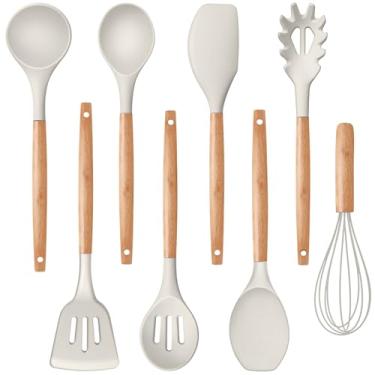 Imagem de P&P CHEF Conjunto de utensílios de cozinha de silicone, 8 peças de utensílios de cozinha com cabo de madeira, espátula de silicone para panelas antiaderentes, à prova de calor e fácil de limpar, cáqui