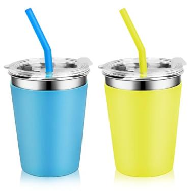Imagem de Yummy Sam Pacote com 2 copos infantis com canudos e tampas de silicone, garrafa de água de aço inoxidável de 355 ml com isolamento térmico antiderrapante, mangas inteiras para crianças, adultos,