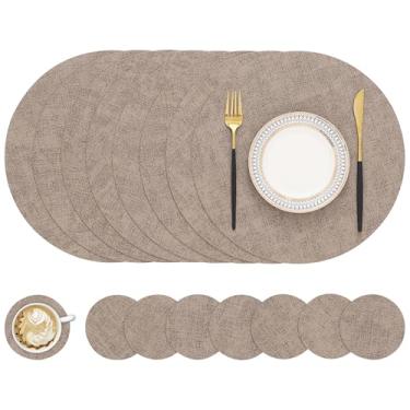 Imagem de homing Jogo americano redondo de couro sintético e porta-copos conjunto com 8 - tapetes laváveis e resistentes ao calor, tapetes de mesa dupla face limpáveis para ambientes internos e externos