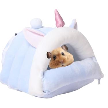 Imagem de Copfeu Hamster Sugar Glider Sleeping Nest House Hammock Fofo Ninho de Porquinho da Índia Hamster Cabana Quente Hamster Ninho Fofo Suprimentos Hamster Cabine de Hamster Fofo Removível e Lavável (Azul,