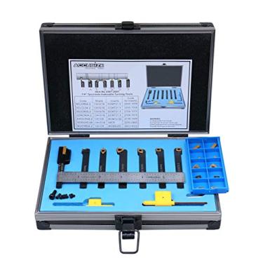 Imagem de Accusize Industrial Tools Conjunto de 7 peças/conjunto de ferramentas de torneamento de carboneto indexável de 1/10.2 cm com 10 inserções extras de carboneto e 1 régua de aço rígido de 15 cm em caixa