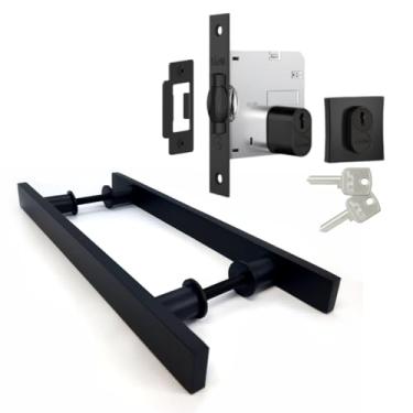Imagem de Kit Puxador Porta Pivotante 60cm Preto Duplo Alumínio Barra Chata + Fechadura Residencial Rolete Stam Roseta Quadrada