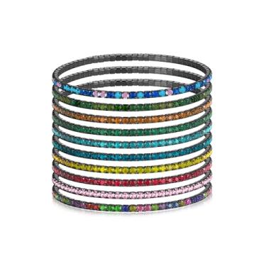 Imagem de Conjunto de 10 pulseiras de tênis com cristais elásticos para mulheres, delicadas, feitas à mão, zircônia cúbica, empilhável, para mulheres, filha, mãe, presente exclusivo, Large, Latão, Strass