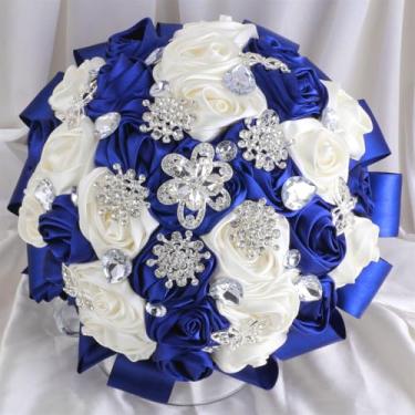 Imagem de Mhojpik Buquê de casamento de 22 cm azul real e marfim redondo brilhante buquê de flores rosas artificiais para noiva, dama de honra, casamento, quinze anos