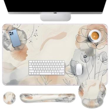 Imagem de Arttown Tapete de mesa de folhas de flores em aquarela conjunto de mouse pad de verão 4 em 1 design ergonômico botânico grande almofada de mesa + descanso de pulso para teclado + descanso de pulso