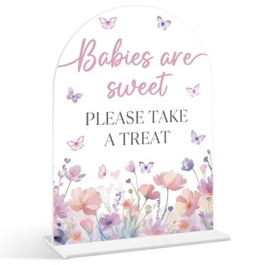 Imagem de Babies Are Sweet Please Take a Treat - Placa de chá de bebê com borboleta, 1 pacote de placa de acrílico com suporte, decoração de mesa de festa reveladora de gênero, suprimentos de chá de bebê