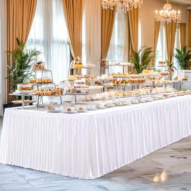 Imagem de Wish Care Saia de mesa branca com glitter de 6,4 m para mesas retangulares de poliéster sem vincos saias de mesa longas plissadas com babados para decoração de mesa de bolo de buffet de aniversário de