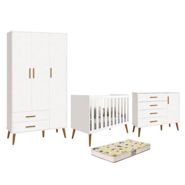 Imagem de Dormitório Infantil Isis Guarda Roupa 3 Portas, Cômoda 1 Porta e Berço com Colchão D18 - Reller Móveis Branco