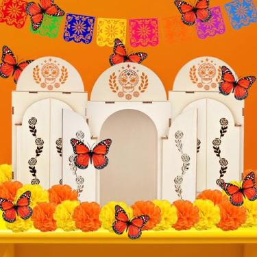 Imagem de sicutoz Pacote com 3 Kit de Altar do Dia dos Mortos – Caixa de Sombra DIY Ofrenda com 18 flores de calêndula, 9 borboletas monarca, faixas de papel picado – Decoração Dia de Los Muertos para lembrança
