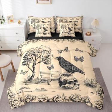 Imagem de Erosebridal Jogo de cama casal de caveira de corvo, 7 peças, tema de Halloween em uma bolsa, conjunto de cama de esqueleto gótico, inclui edredom, conjunto de lençol, fronhas e fronhas, decoração de