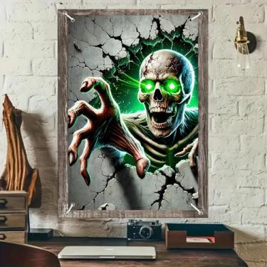 Imagem de BlissYard Capa de janela de Halloween Capa de janela de terror 81 x 129 cm Esqueleto emergente olhos verdes rachando parede assombrada festa para parede interna decoração de casa assustadora