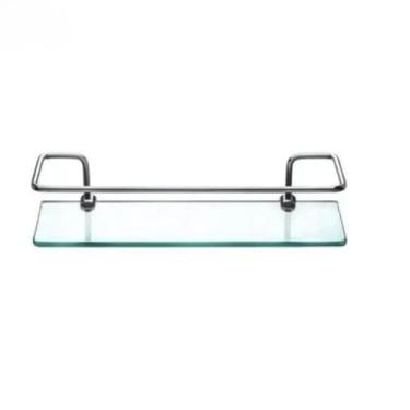 Imagem de Prateleira de Vidro para Banheiro com Haste em Alumínio Polido, Retangular, Transparente, 40x10cm, 6mm de Espessura