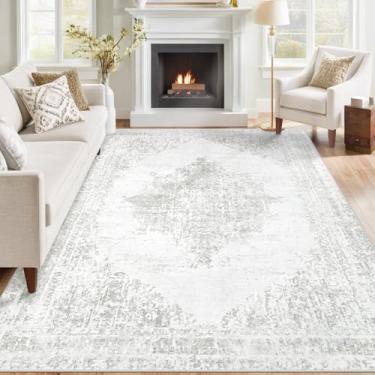 Imagem de Tapetes de área de 15 x 23 cm para sala de estar: tapete lavável vintage com suporte antiderrapante tapete retrô interno para quarto, sala de jantar, escritório em casa (cinza, 1,8 x 2,5 m)