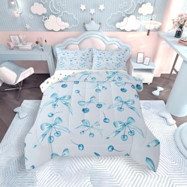 Imagem de jejeloiu Jogo de cama kawaii oriental cerejeira, solteiro, princesa, para decoração de quarto de meninos, meninas, adolescentes, conjunto de edredom com laço de aquarela, fruta, respirável, macio