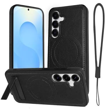 Imagem de Moment Dextrad Capa de couro magnético para Galaxy S25/S24 preta, suporte embutido, compatível com MagSafe, pulseira de silicone, proteção interna de TPU, capa fina à prova de choque