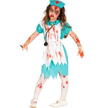 Imagem de Fantasia de Terror Infantil de Halloween pra Meninas Enfermeira Assassina com Sangue Falso (Azul e Branco, M 5-6)