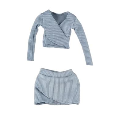 Imagem de Dynwave Top curto feminino em escala 1:6, saia curta, clássico, feito à mão, manga comprida, ajustado, para boneco de ação de 12 polegadas, acessório para, Azul