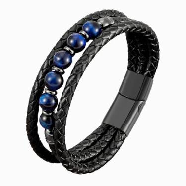 Imagem de FYNSBLE Pulseira de couro preto para homens, olho de tigre natural/lápis-lazúli/ônix preto/malaquita multicamadas pulseira de couro trançado com contas presente para homens pai com fecho de aço