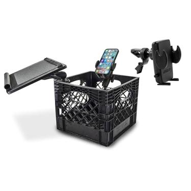 Imagem de AutoExec Estação de trabalho Milkcrate para veículos e escritório móvel com bandeja para laptop, suporte para telefone e clipe de ventilação do telefone