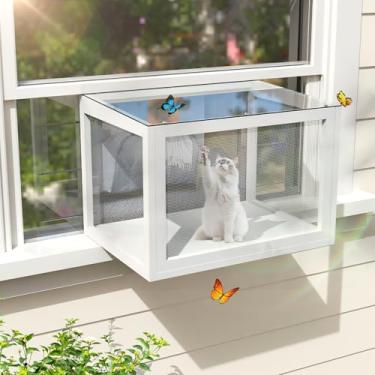 Imagem de Caixa de janela para gatos, à prova d'água para gatos internos, serve em molduras verticais de 71 a 109 cm de largura, caixa de janela com capa de chuva de TPU, fita transparente, para tomar sol
