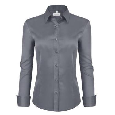 Imagem de Camisa social feminina siliteelon de manga comprida com botões cinza