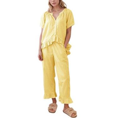 Imagem de Conjunto de pijamas femininos Flygo, guingão, xadrez, 2 peças de algod