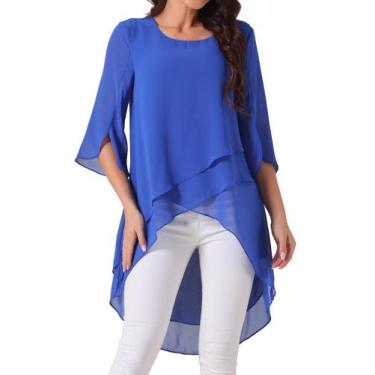 Imagem de Blusa feminina Seta T de chiffon alto-baixo, manga 3/4, azul royal